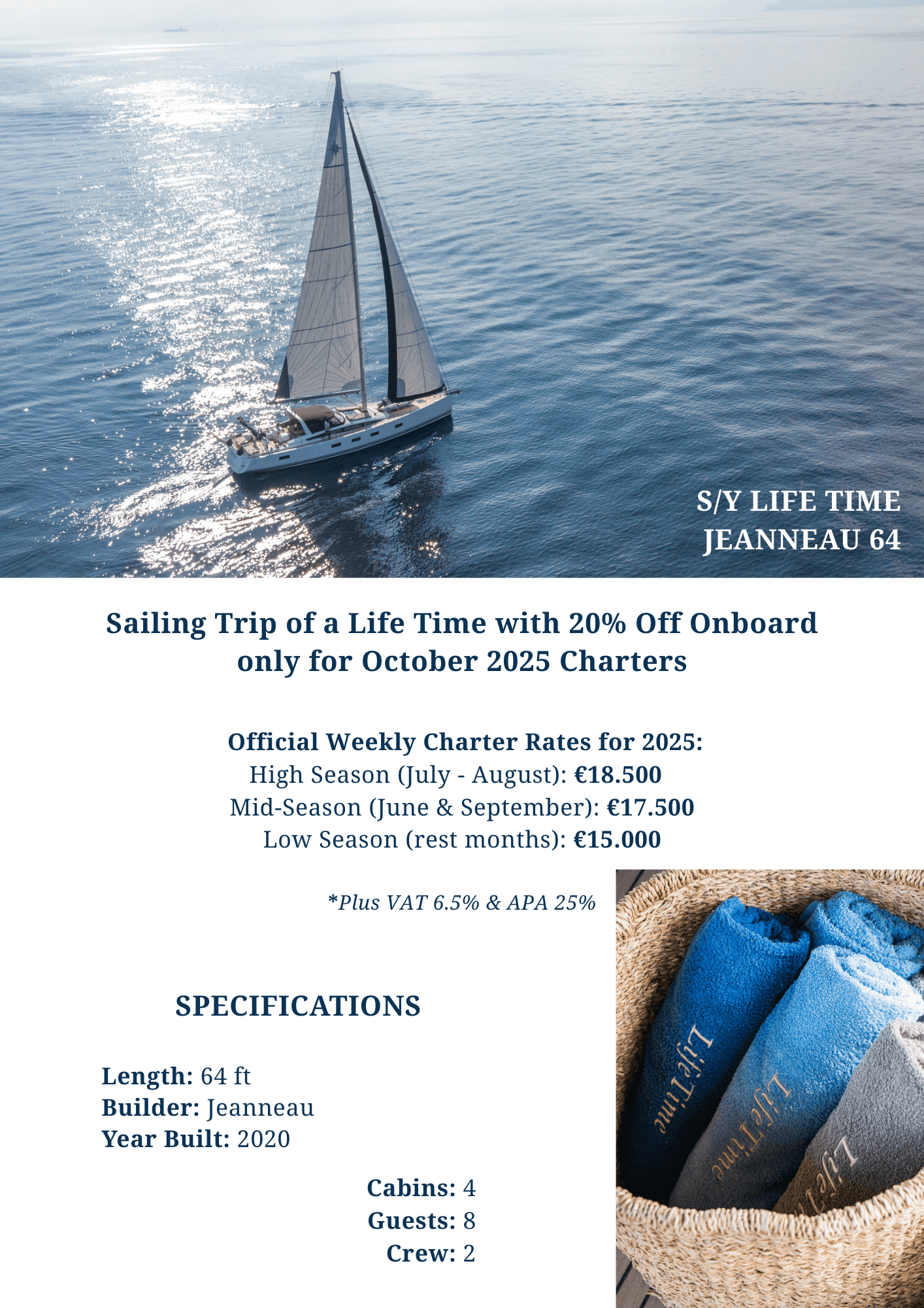 Charter the Timeless 85ft Orianda: Discover Italy and French Riviera